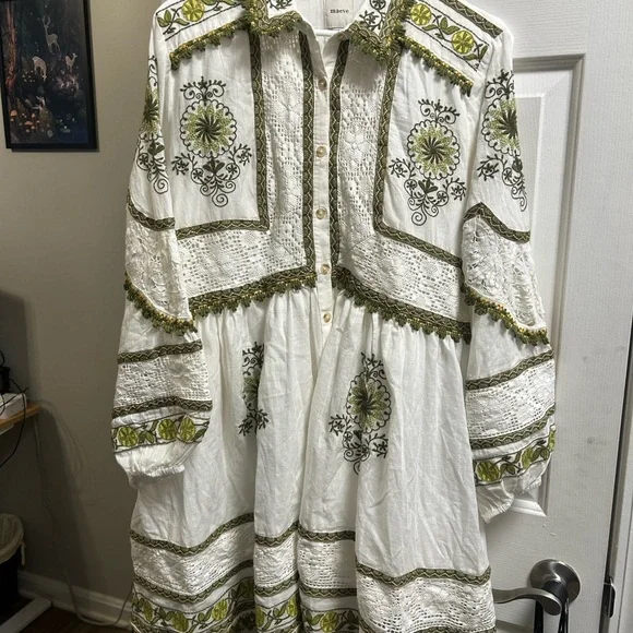 Anthropologie Maeve Ivory and Olive Embroidered Long Sleeve Dress - Picture 4 of 10